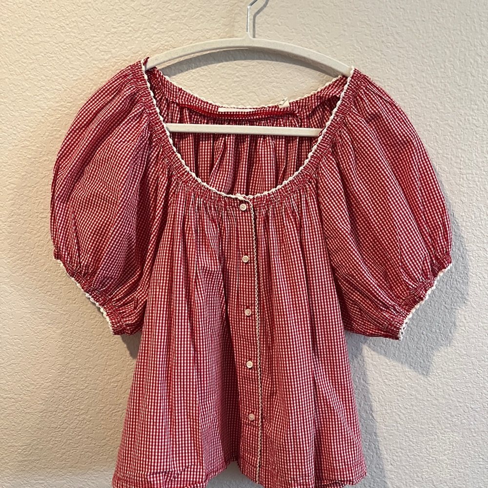 Doen Red Gingham Puff Sleeve Button Front Women’s Top